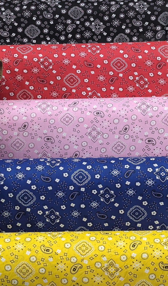 Bandana Poly Cotton Fabric - Paisley Bandana Print, Black, Red, Pink, Royal Blue, Yellow, 59/60" Width (1 Yard)