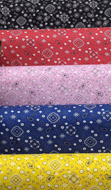 Bandana Poly Cotton Fabric - Paisley Bandana Print, Black, Red, Pink, Royal Blue, Yellow, 59/60" Width (1 Yard)