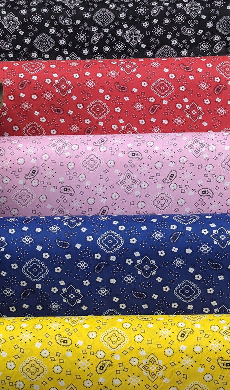 Bandana Poly Cotton Fabric - Paisley Bandana Print, Black, Red, Pink, Royal Blue, Yellow, 59/60" Width (1 Yard)