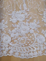 Grace Polyester Lace Fabric - White, Off White Floral Embroidery, Clear Sequins, 50-51" Width (1 Yard)