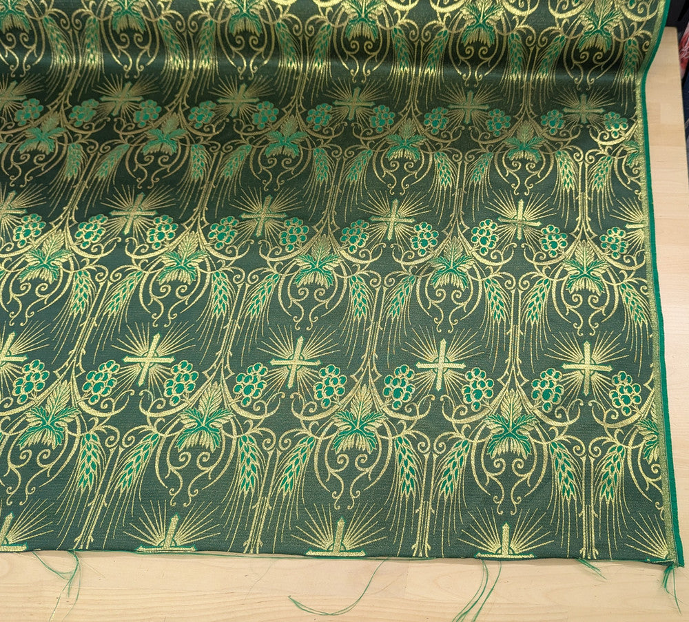 Church Metallic Brocade Wheat And Cross Polyester Brocade Fabric - Green, Red, Gold And Purple, Metallic Cross, Grapes And Wheat Jacquard, 58-59" Width (1 Yard)