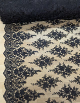 Regina Polyester Lace Fabric - White, Off-White, Black, Bridal Floral Embroidered Mesh, Scalloped Edges, 51/52" Width (1 Yard)