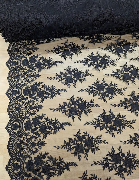 Regina Polyester Lace Fabric - White, Off-White, Black, Bridal Floral Embroidered Mesh, Scalloped Edges, 51/52" Width (1 Yard)