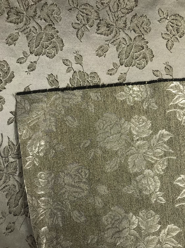 Gray Metallic Rose Polyester Brocade Fabric - Black/Gold Metallic Outline, 58/59" Width (1 Yard)