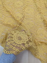 Mustard Stretch Lace Polyester Spandex Fabric - Mustard Floral Pattern, Small Scallop, Sheer, 54/55" Width (1 Yard)