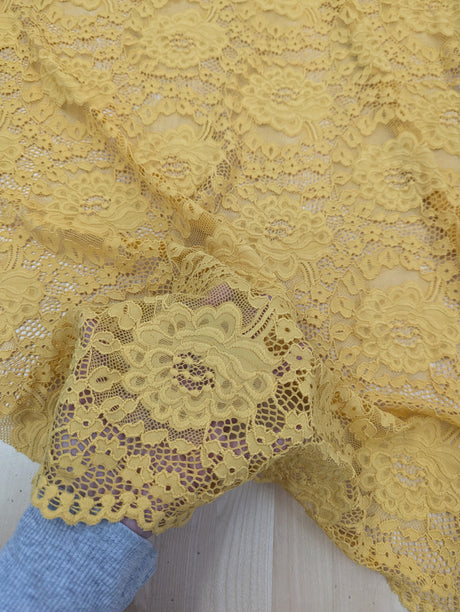 Mustard Stretch Lace Polyester Spandex Fabric - Mustard Floral Pattern, Small Scallop, Sheer, 54/55" Width (1 Yard)