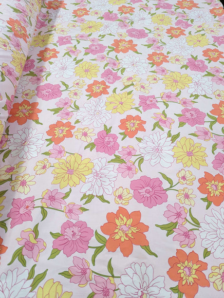 Blooming Garden Cotton Spandex Fabric - Floral Print, Pink, Dark Pink, Light Yellow, Coral, 44/45" Width (1 Yard)