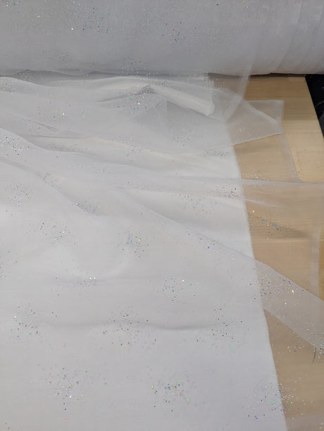 Dew Drop Sparkle Organza Polyester Fabric - White, Ice Pink Iridescent Dewdrop Pattern, 58-59" Width (1 Yard)