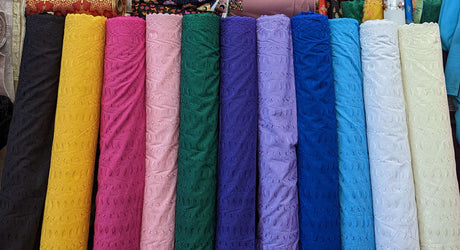 Cotton Eyelet Poly Cotton Fabric - Assorted Colors, Floral Eyelet Embroidery, Scalloped Borders, 44/45" Width (1 Yard)