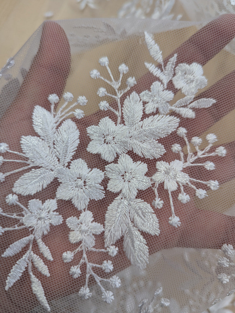 Regina Polyester Lace Fabric - White, Off-White, Black, Bridal Floral Embroidered Mesh, Scalloped Edges, 51/52" Width (1 Yard)