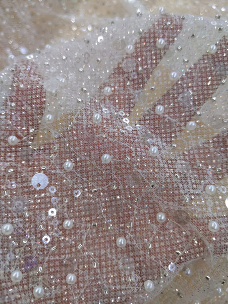 All Over Beads And Sequins Bridal Lace Polyester Fabric - Blush Pink And Light Ivory, Mesh With Beads, Sequins And Pearls, 59/60" Width (1 Yard)