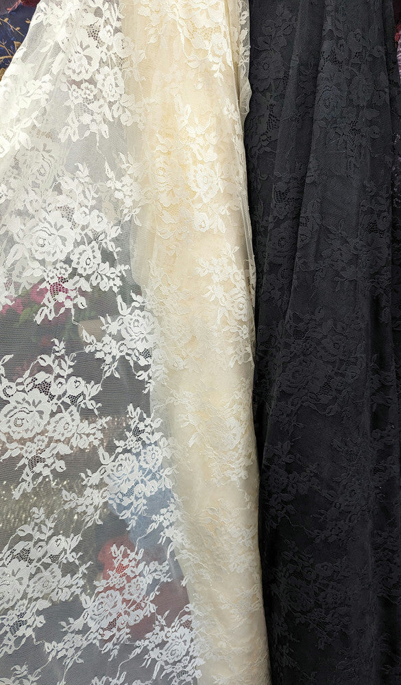 Stretch Lace Polyester Spandex Fabric - Black/Ivory Floral Pattern, 58/59" Width (1 Yard)