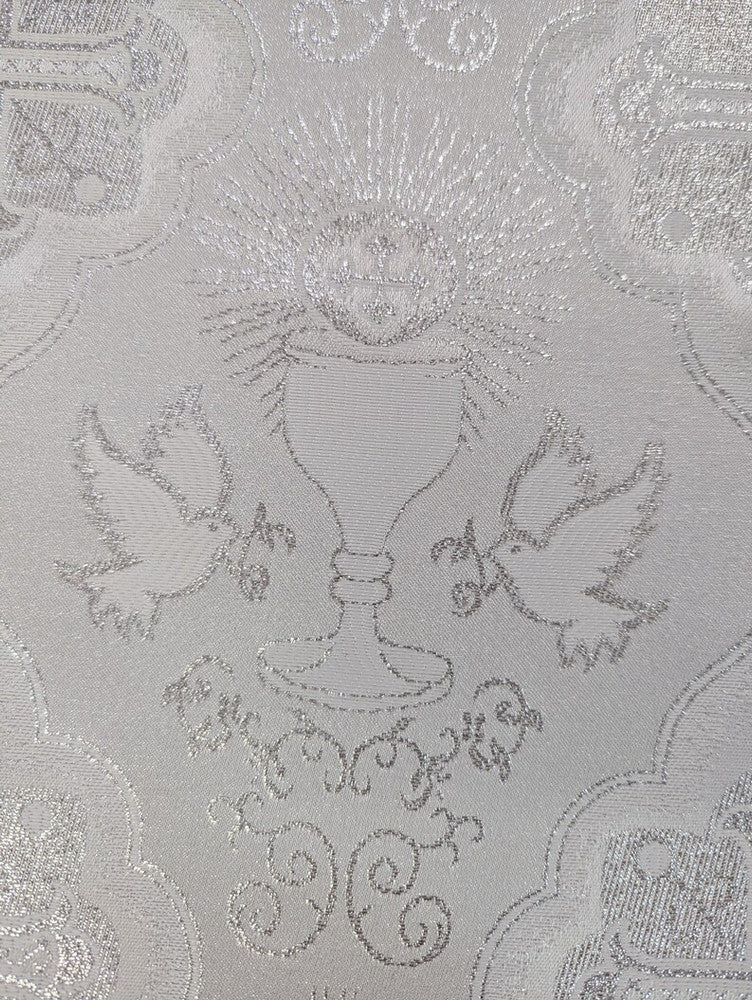Silver Church Metallic Cross Polyester Brocade Fabric - White/Silver Cross Pattern, 58/59" Width (1 Yard)