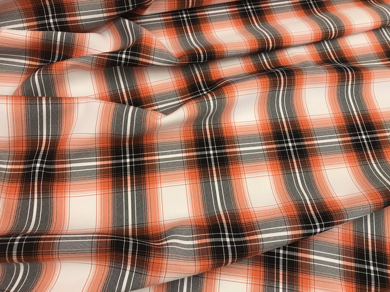 Orange Plaid Polyester Poplin Fabric - White, Orange, Gray, Black Plaid, 58/59" Width (1 Yard)