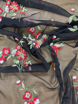 Red And White Flower Lace Polyester/Spandex Fabric - Embroidered Stretch Mesh, Red/White Flowers, Green Leaves, 57" Width (1 Yard)