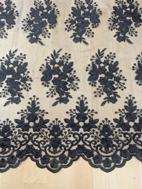Regina Polyester Lace Fabric - White, Off-White, Black, Bridal Floral Embroidered Mesh, Scalloped Edges, 51/52" Width (1 Yard)