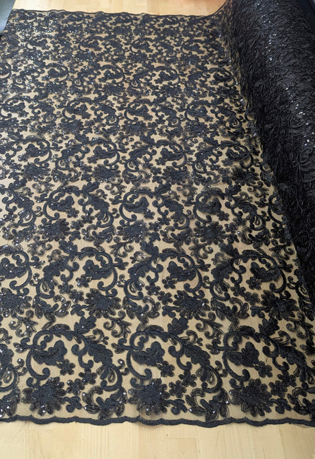 All Over Flowers With Sequins Polyester Lace Fabric - Multiple Colors, Floral Mesh With Metallic Thread, 50" Width (1 Yard)