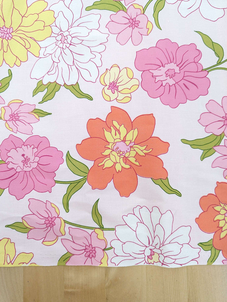 Blooming Garden Cotton Spandex Fabric - Floral Print, Pink, Dark Pink, Light Yellow, Coral, 44/45" Width (1 Yard)