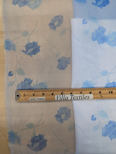 Organza With Flowers Polyester Fabric - Light Blue/Dark Blue Floral, 58/59" Width (1 Yard)