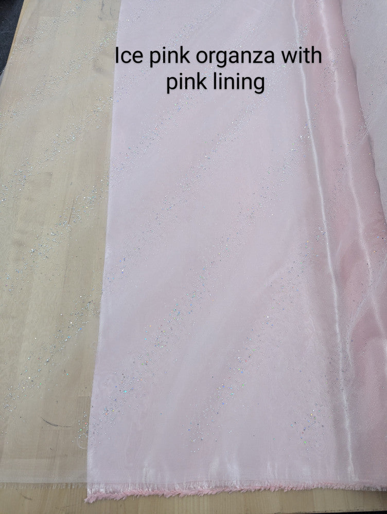Dew Drop Sparkle Organza Polyester Fabric - White, Ice Pink Iridescent Dewdrop Pattern, 58-59" Width (1 Yard)