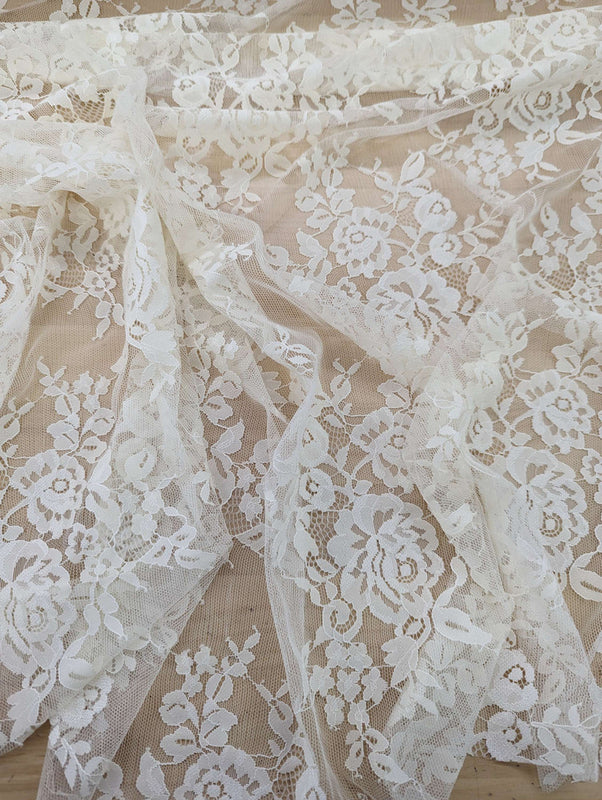 Stretch Lace Polyester Spandex Fabric - Black/Ivory Floral Pattern, 58/59" Width (1 Yard)
