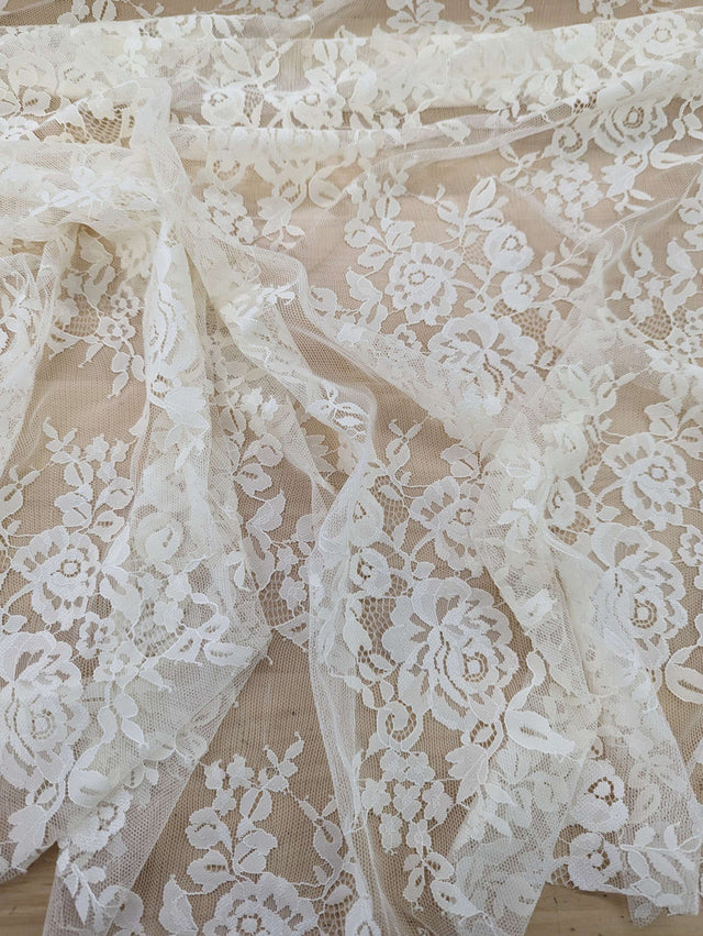 Stretch Lace Polyester Spandex Fabric - Black/Ivory Floral Pattern, 58/59" Width (1 Yard)