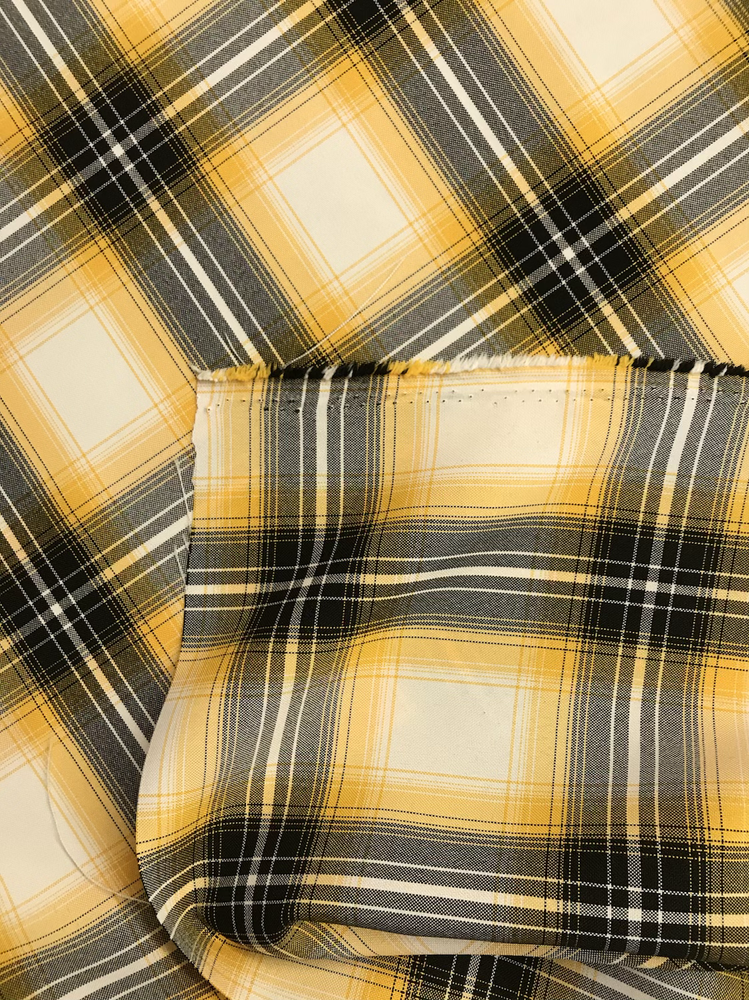 Yellow Plaid Polyester Poplin Fabric - Yellow/Gray/Black Plaid On White, 58/59" Width (1 Yard)