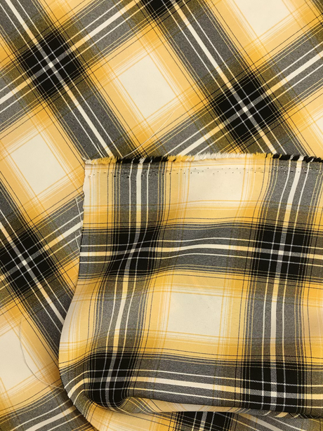 Yellow Plaid Polyester Poplin Fabric - Yellow/Gray/Black Plaid On White, 58/59" Width (1 Yard)