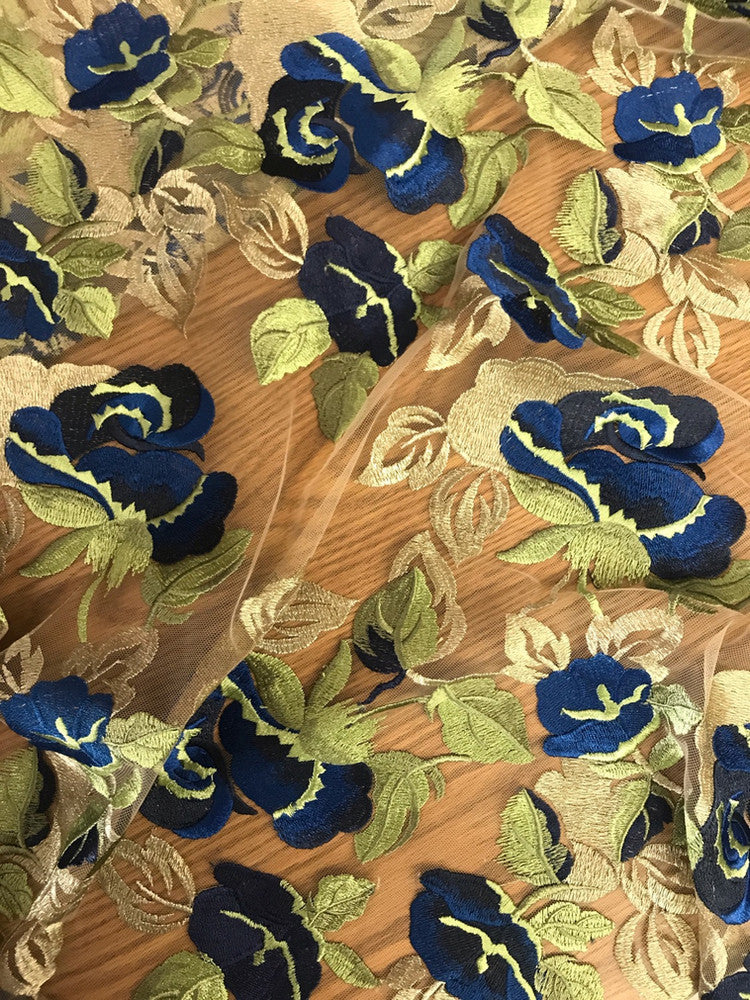Embroidered Rose Polyester Lace Fabric - Nude Mesh With Navy And Royal Blue Roses, Green And Champagne Leaves, Metallic Accents, 58" Width, 50" Embroidered Width (1 Yard)