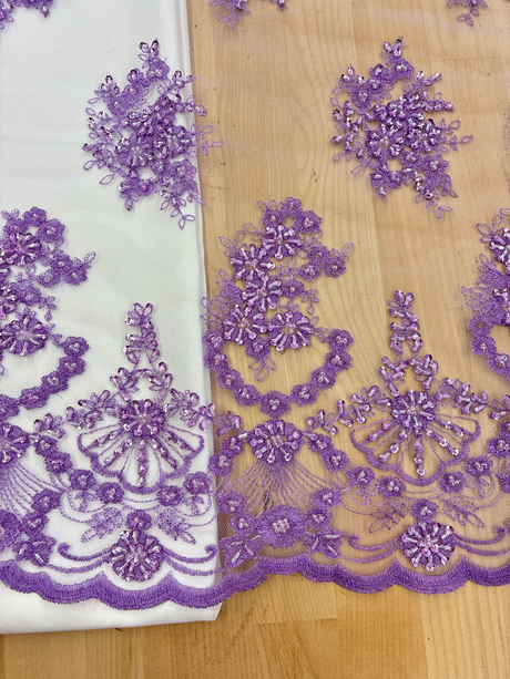 Beaded Bridal Lace Polyester Fabric - Black, Champagne, Lilac Floral Mesh With Sequins, Beads And Pearls, 49/50" Width (1 Yard)