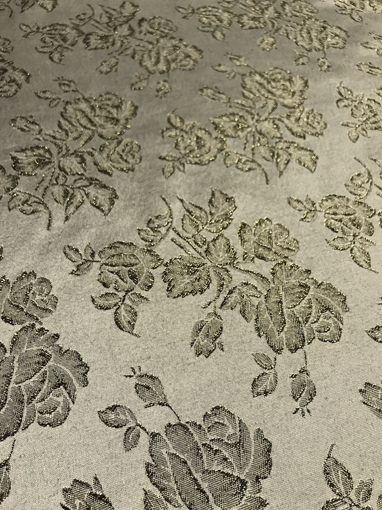 Gray Metallic Rose Polyester Brocade Fabric - Black/Gold Metallic Outline, 58/59" Width (1 Yard)