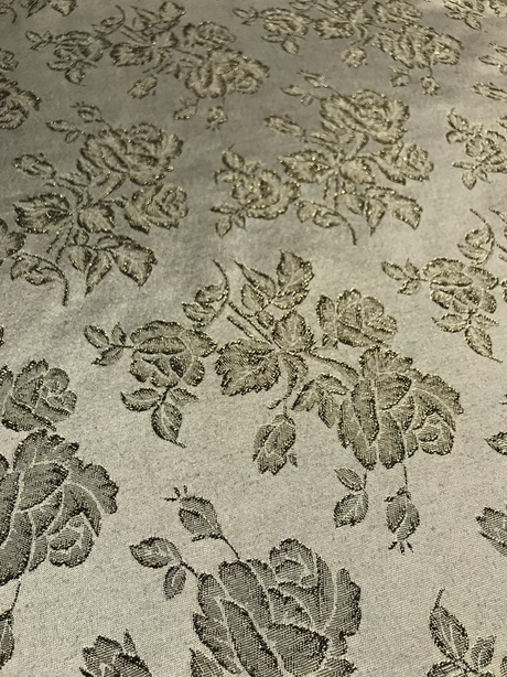 Gray Metallic Rose Polyester Brocade Fabric - Black/Gold Metallic Outline, 58/59" Width (1 Yard)