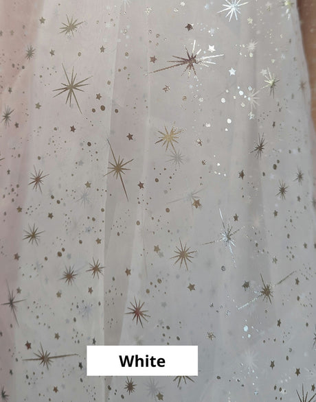 Foil Star Polyester Organza Fabric - Multiple Colors, Silver Foil Stars, 58/59" Width (1 Yard)