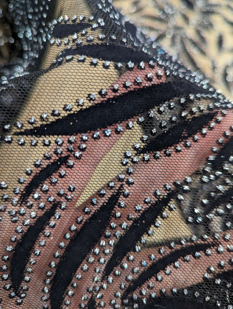 Black Velvet Flocking Lace Polyester Lace Fabric - Glitter Accent, Stretch Mesh, 59/60" Width (1 Yard)
