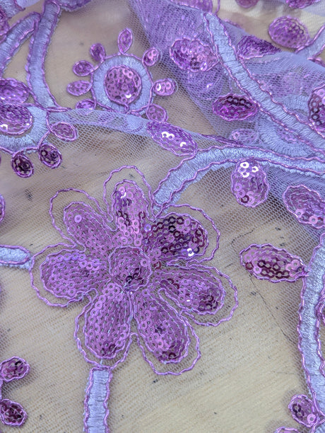 All Over Flowers With Sequins Polyester Lace Fabric - Lilac, Floral Sequins, 55" Width (1 Yard)