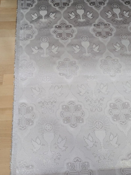 Silver Church Metallic Cross Polyester Brocade Fabric - White/Silver Cross Pattern, 58/59" Width (1 Yard)