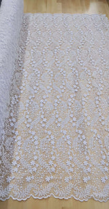 Daisy Bridal Lace Polyester Fabric - White, Off White, Pink, Small Flower Embroidery With Clear Sequins, 50-51" Width (1 Yard)