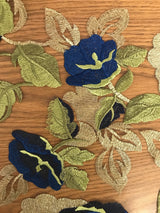 Embroidered Rose Polyester Lace Fabric - Nude Mesh With Navy And Royal Blue Roses, Green And Champagne Leaves, Metallic Accents, 58" Width, 50" Embroidered Width (1 Yard)