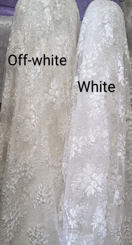 Regina Polyester Lace Fabric - White, Off-White, Black, Bridal Floral Embroidered Mesh, Scalloped Edges, 51/52" Width (1 Yard)