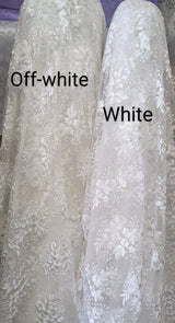 Regina Polyester Lace Fabric - White, Off-White, Black, Bridal Floral Embroidered Mesh, Scalloped Edges, 51/52" Width (1 Yard)