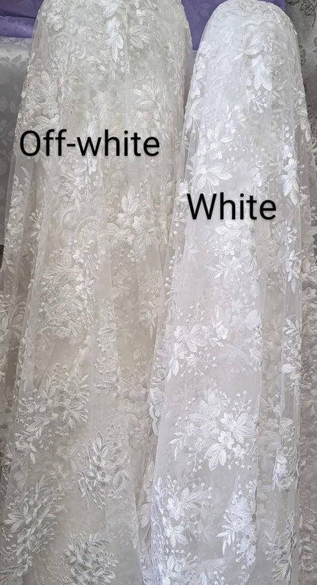 Regina Polyester Lace Fabric - White, Off-White, Black, Bridal Floral Embroidered Mesh, Scalloped Edges, 51/52" Width (1 Yard)