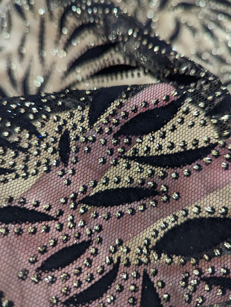 Black Velvet Flocking Lace Polyester Lace Fabric - Glitter Accent, Stretch Mesh, 59/60" Width (1 Yard)