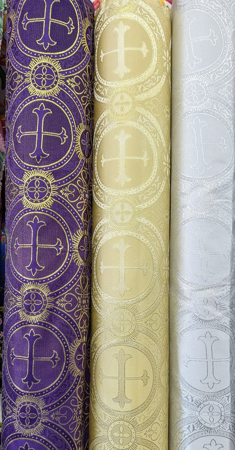 Church Metallic Cross Polyester Brocade Fabric - Metallic Cross Jacquard, 58/59" Width, Silver, Light Gold, Purple/Gold, Green/Gold (1 Yard)