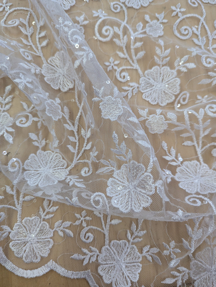 Elizabeth Bridal Lace Polyester Fabric - Multiple Colors, Floral Embroidered Mesh With Sequins, 49/50" Width (1 Yard)