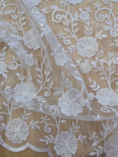 Elizabeth Bridal Lace Polyester Fabric - Multiple Colors, Floral Embroidered Mesh With Sequins, 49/50" Width (1 Yard)