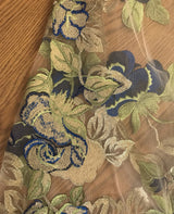 Embroidered Rose Polyester Lace Fabric - Nude Mesh With Navy And Royal Blue Roses, Green And Champagne Leaves, Metallic Accents, 58" Width, 50" Embroidered Width (1 Yard)