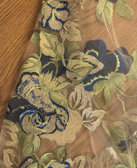 Embroidered Rose Polyester Lace Fabric - Nude Mesh With Navy And Royal Blue Roses, Green And Champagne Leaves, Metallic Accents, 58" Width, 50" Embroidered Width (1 Yard)