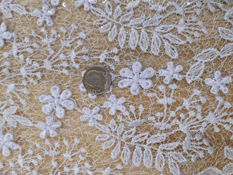 Daisy Bridal Lace Polyester Fabric - White, Off White, Pink, Small Flower Embroidery With Clear Sequins, 50-51" Width (1 Yard)