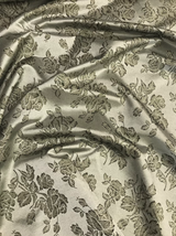 Gray Metallic Rose Polyester Brocade Fabric - Black/Gold Metallic Outline, 58/59" Width (1 Yard)