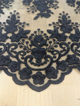 Regina Polyester Lace Fabric - White, Off-White, Black, Bridal Floral Embroidered Mesh, Scalloped Edges, 51/52" Width (1 Yard)